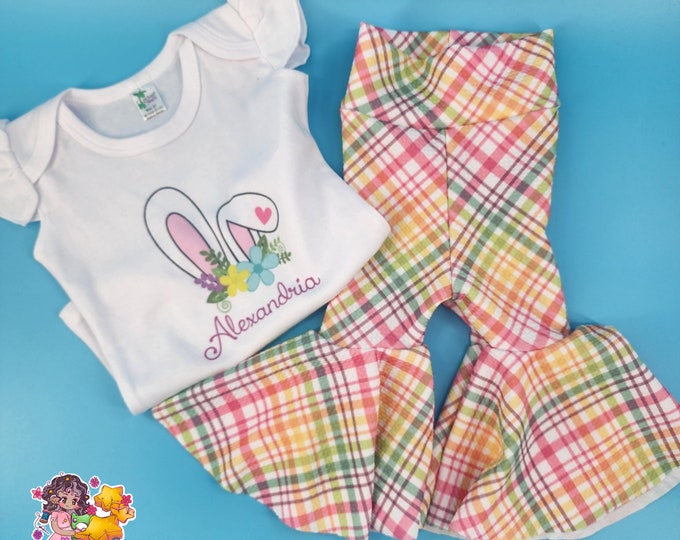 Angel Wing Personalized Bunny Ear Shirt with Spring Boho Plaid Flair Bell Bottom Leggings | Girls Spring Outfit | Easter Set