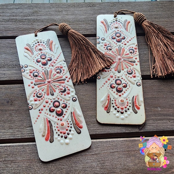 Natural Square - Burst -  Wood Mandala Bookmark - Hand Painted - Dot Art - Bookmark - Tassel - with Carrying Case