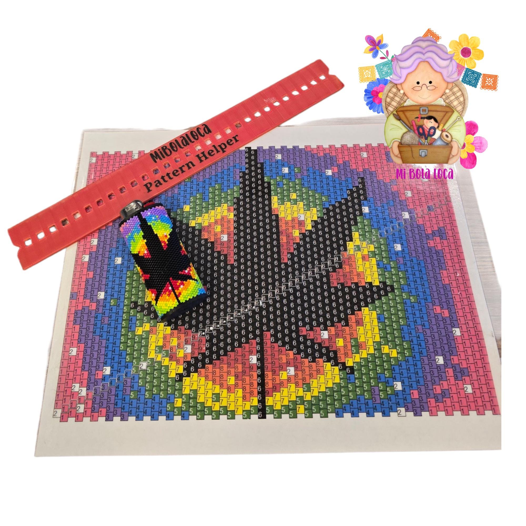 Rainbow Tie Dye Cannabis Leaf Beaded Lighter Cover DIY Kit | Peyote Stitch Pattern | Laminated Chart & Pattern Helper Ruler | Pattern Chart