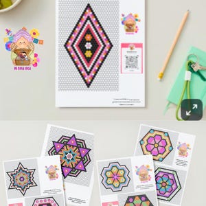 Peut inclure: Quatre feuilles imprimables de motifs de perles présentant des motifs géométriques. Les motifs sont dans des tons de rose, orange, vert, violet et noir. Les feuilles sont imprimées sur du papier blanc et présentent une grille pour faciliter le perlage.