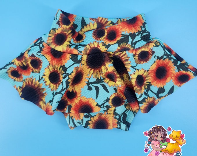 Sunflowers on Aqua Blue Skirted Bummies - Sunflower Fabric- Stretch Bullet Fabric - Girls Skirted Diaper Cover - Girls Skirted Bloomers