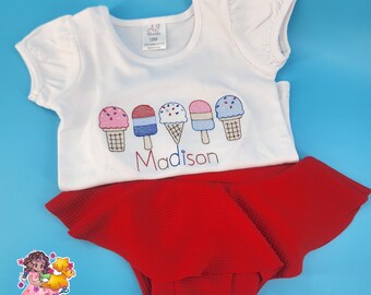 Summer Ice Cream Red White & Blue Personalized T-shirt - Red Bullet Fabric Skirted Bummies - Girls Patriotic 2-Piece Set - Bloomers Set