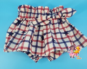 Girls Skirted Bloomers | Plaid Navy and Red with Stars | Patriotic Skirted Bloomers | Girls Shorts, Diaper Cover, Bummies