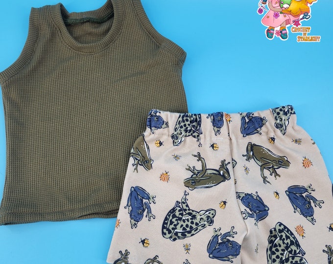 Boys 2-Piece Shorts & Tank Top Summer Set  - Frog Shorts - Tan and Green - Boys Army Green Tank Top - Boys Knit Frog Print Shorts