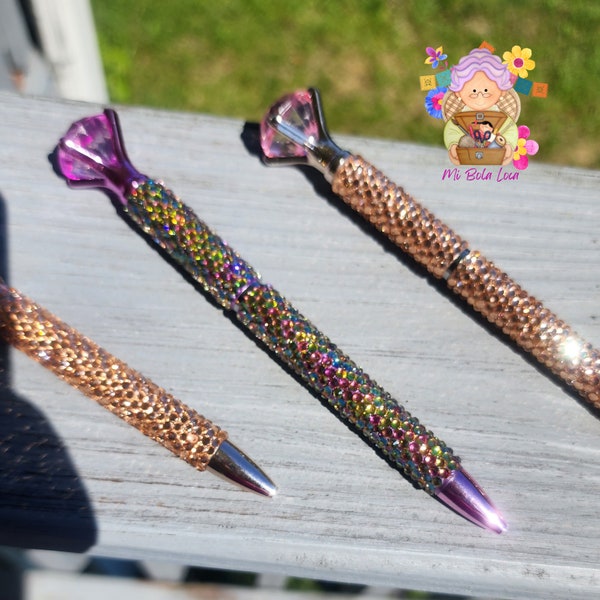 Diamond Top Rhinestone Decorated Ball Point Pen - Refillable Ink - Rose Gold - Purple Mermaid