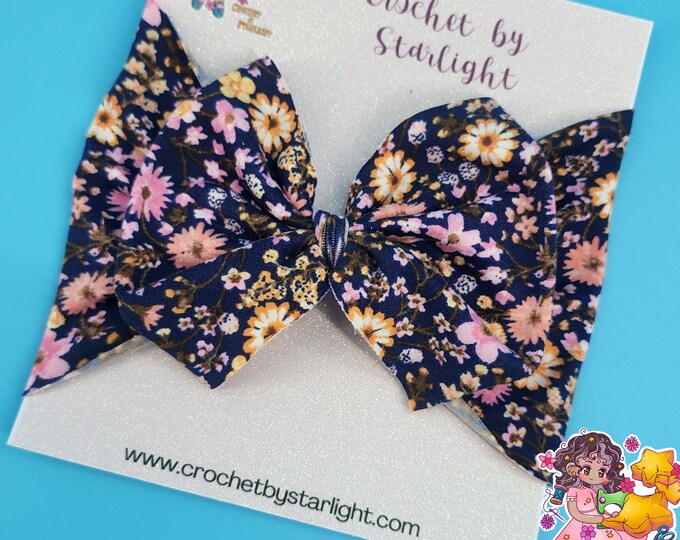 Little Pink & Yellow Flowers on Navy Bow Headwrap - Navy Floral Headwrap - Stretch Headband - Bow Headband - Blue Floral