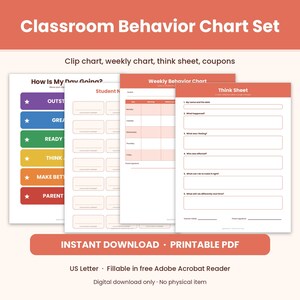 Classroom Behavior Chart Printable, Clip Chart Poster, Weekly Behavior Tracker, Reward Coupons, Think Sheet, Fillable Teacher PDF Download