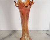 Vintage Marigold Carnival Glass Ruffled Top Vase Traditional Art Nouveau Accent