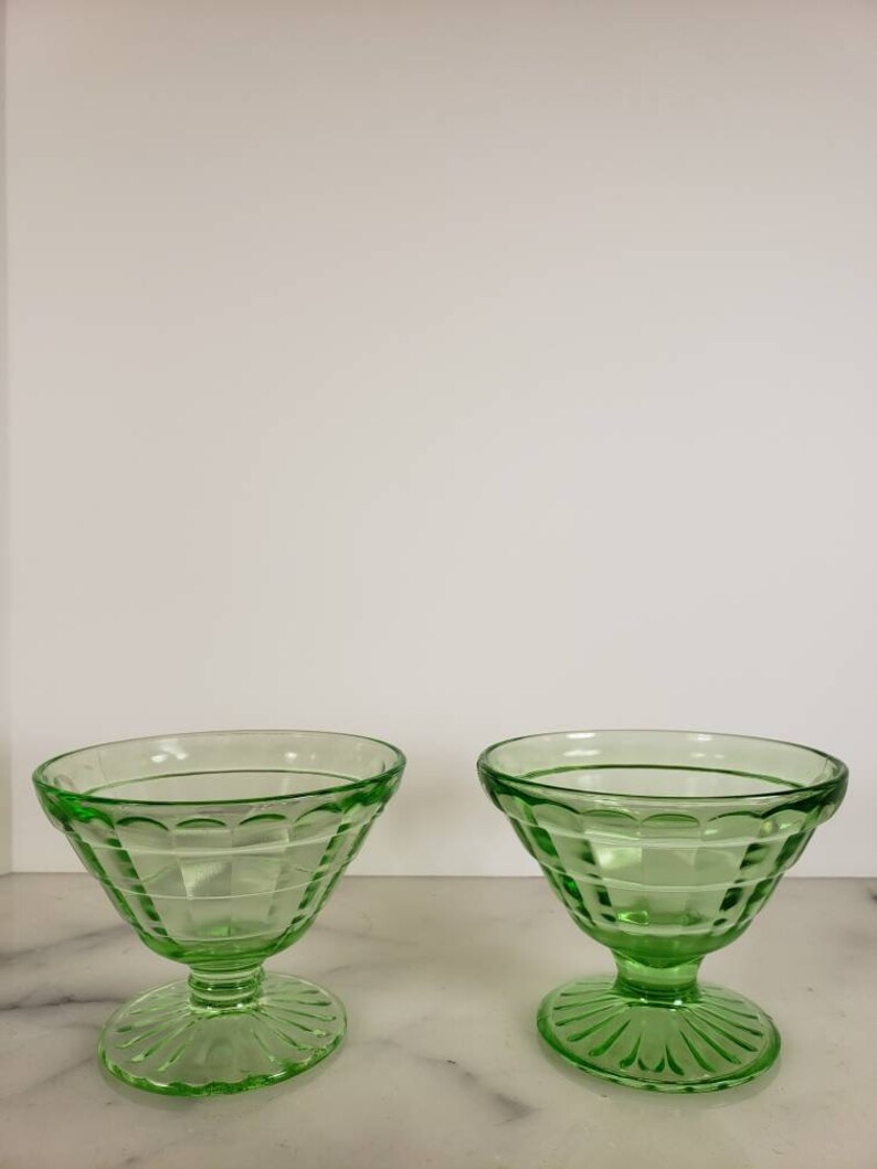 Block Optic Green Depression Glass Sherbet 2 County Etsy