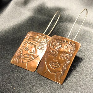Handcrafted Brass earrings by Artist Cindy Bolin - Embossed &quot;Face&quot; Earrings