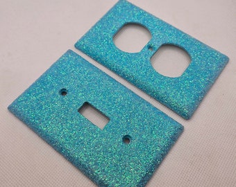 Light Blue Iridescent Glitter- Light Switch & Outlet Covers - Maximalist Decor - Girly Room Decor -Glitter Decor- Home Decor - Blue Wall Art