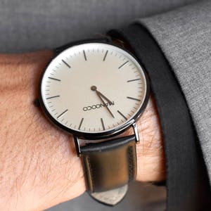 Mens Wrist Watch Best Man Gift, Perfect Groomsmen Gifts Mechanical stainless steel watch with 20mm black leather watch strap