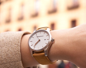 Womens watch, silver, minimalist stainless steel wrist watch, gift for her, interchangeable leather strap