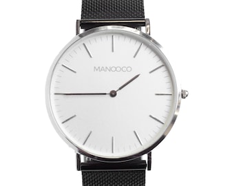 Womens watch, silver, minimalist stainless steel wrist watch, gift for him, interchangeable black mesh strap, unisex watches