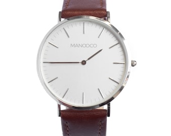 Woman wrist watch, silver, minimalist stainless steel wrist watch, gift for her, brown leather watch strap, unisex watches