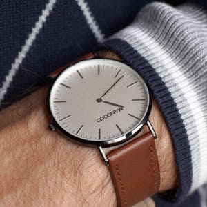 Mens watch, black, minimalist stainless steel wrist watch, gift for him, interchangeable dark brown leather strap, unisex watches