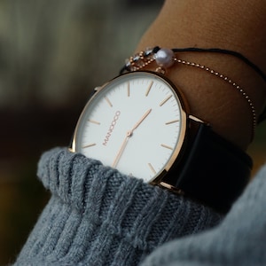 Rose Gold Wrist Watch For Women Great Bride Gift, Mechanical Stainless Steel Watch With Black Watch Band Perfect Gift for Her