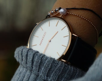 Rose Gold Wrist Watch For Women Great Bride Gift, Mechanical Stainless Steel Watch With Black Watch Band Perfect Gift for Her