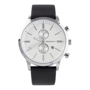 May include: A silver-toned chronograph watch with a white face and black fabric strap. The watch face features a MANOOCO logo and a small sub-dial.