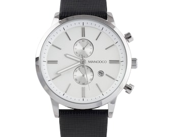 Mens wrist watch, watches for men, silver case color, genuine black leather strap, gift for him, 3 ATM waterproof, Apolo day