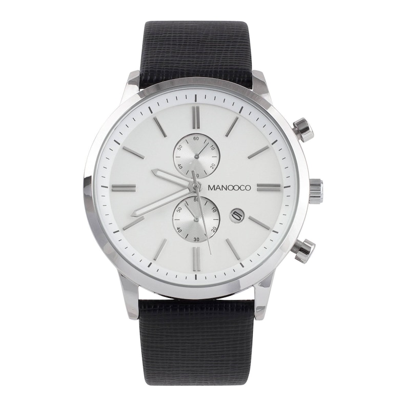 May include: A silver-toned chronograph watch with a white face and black fabric strap. The watch face features a MANOOCO logo and a small sub-dial.
