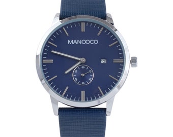 Mens watch, blue, wrist watch, silver case color, blue leather strap, gift for him, 3 ATM waterproof