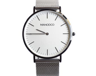 Mens watch, black, minimalist stainless steel wrist watch, gift for him, interchangeable silver mesh strap, unisex watches