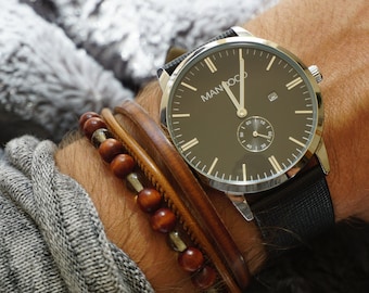 Black Mens Chronograph Watch Great Boyfriend Gift, Minimalist Casual Watch With Black Leather Watch Strap Anniversary Gift For Him