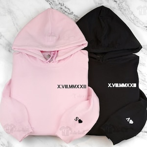 Custom Embroidered roman numeral hoodie or Crewneck Sweatshirt Date + Initial heart on sleeve Anniversary gift couples gift Engagement gift