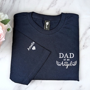 Custom Embroidered Dad of an Angel T-shirt, Angel Mom Tee, Dad of an Angel shirt, kids name + heart on sleeve, Personalized Memorial Gift