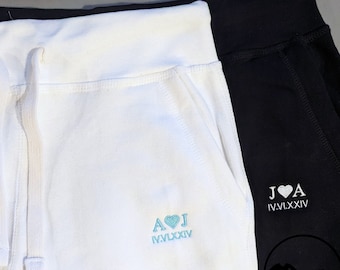 Embroidered Jogger Sweatpants - Custom Initial & Roman Numeral Date - Personalized Couples Anniversary present wedding gift