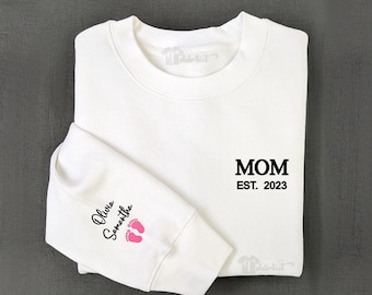 Custom Embroidered Mom est sweatshirt or hoodie with babys name Mothers day Gift for New mom Dad Mommy to be Gift For wife Baby shower gift