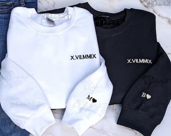 Custom Embroidered Roman Numeral Sweatshirt Date Hoodie with initials - Couples Anniversary Gift Christmas Gift