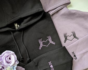 Embroidered Skeleton heart Hoodie, Crewneck Sweatshirt Custom Text Initial - Goth Couples Gift Anniversary Present