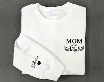 Custom Embroidered Mom of an Angel Sweatshirt with kids name on sleeve, Personalized Memorial Gift