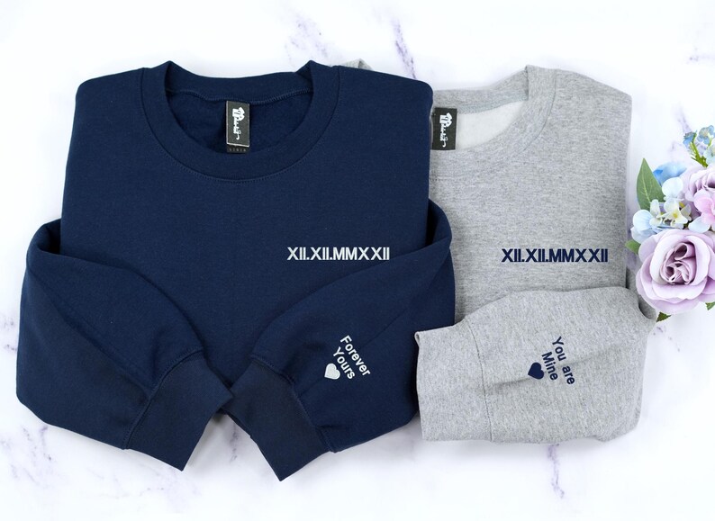personalized engagement or anniversary gifts for couples Roman Numeral Date on the chest and forever yous you're mine with a heart on the sleeve