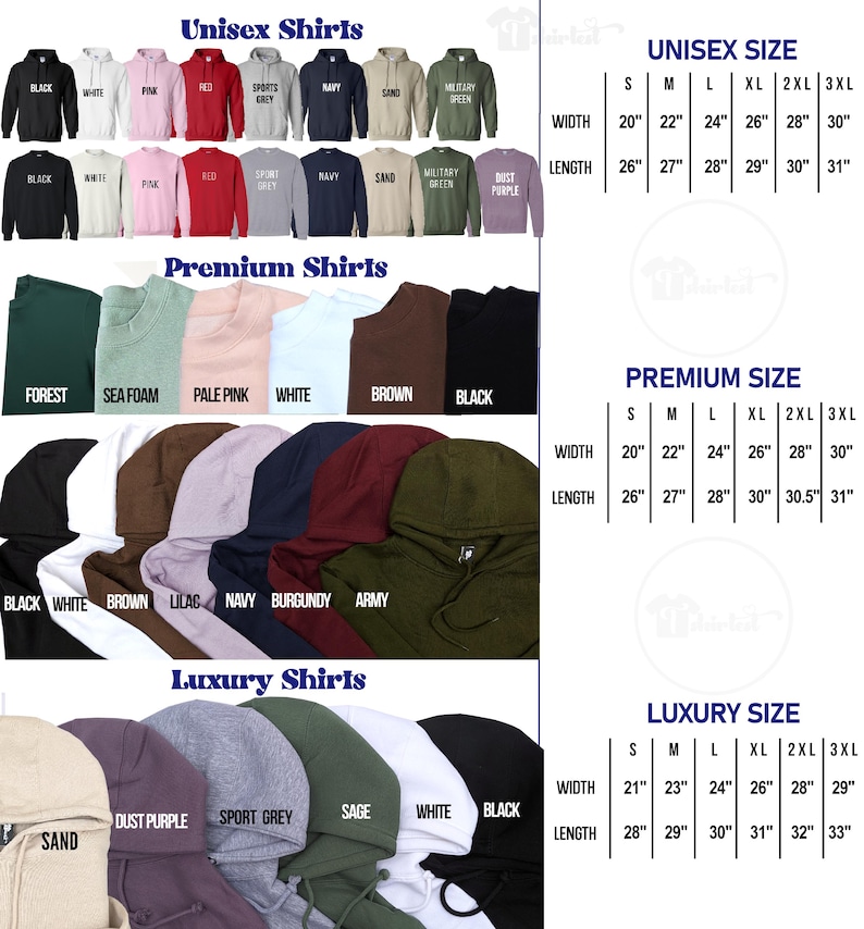K&ouml;nnte beinhalten: Eine Auswahl an Kapuzenpullovern und Sweatshirts in verschiedenen Farben, darunter Schwarz, Wei&szlig;, Rosa und Rot. Das Bild enth&auml;lt Gr&ouml;&szlig;entabellen f&uuml;r Unisex-, Premium- und Luxushemden mit Breiten- und L&auml;ngenma&szlig;en in Zoll.