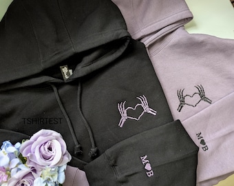 Embroidered Skeleton heart Hoodie hoodie or Sweatshirt Custom Text Initial - Goth Couples Gift Anniversary