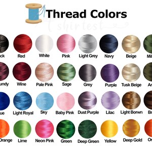 May include: A chart of thread colors with 36 different colors of thread spools. The colors include black, red, white, pink, light grey, navy, beige, military, burgundy, wine, pale pink, sage, grey, purple, tusk beige, army, blue, light royal, sky, baby pink, dust purple, lilac, light brown, brown, neon orange, lime, neon pink, green, deep green, yellow, deep gold, and orange.