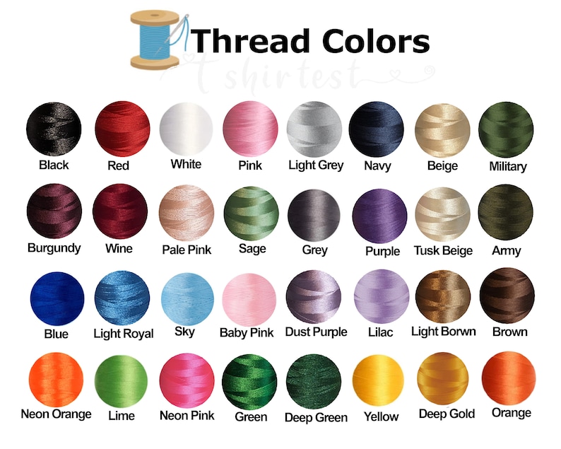 May include: A chart of thread colors with 36 different colors of thread spools. The colors include black, red, white, pink, light grey, navy, beige, military, burgundy, wine, pale pink, sage, grey, purple, tusk beige, army, blue, light royal, sky, baby pink, dust purple, lilac, light brown, brown, neon orange, lime, neon pink, green, deep green, yellow, deep gold, and orange.
