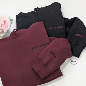 couples matching hoodies with initials and a heart on sleeve, personalized anniversary gift for him or her
