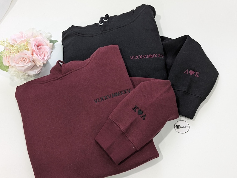 couples matching hoodies with initials and a heart on sleeve, personalized anniversary gift for him or her
