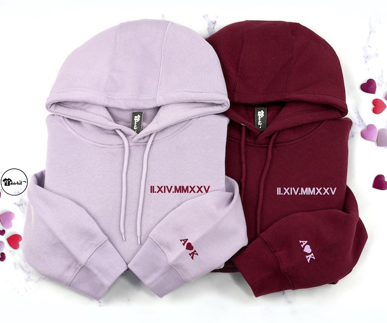 anniversary sweatshirt for couples with Roman Numeral Date on the chest and couples initial and a heart on the sleeve