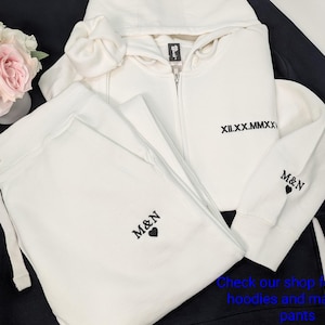 personalized Roman Numeral wedding date zip up sweatshirt with initials and a sweatpants, unique wedding gift for bride and groom