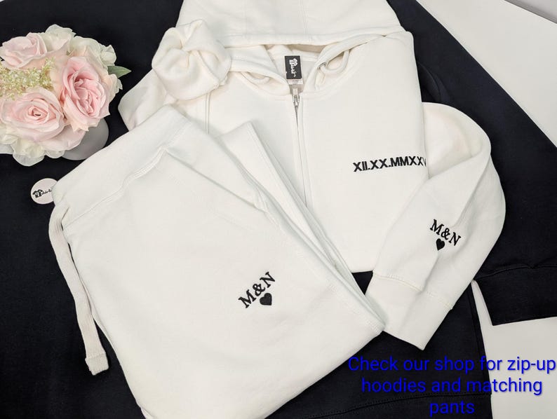 personalized Roman Numeral wedding date zip up sweatshirt with initials and a sweatpants, unique wedding gift for bride and groom