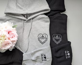 Embroidered Skeleton Heart Sweatshirt: Gothic Couples Matching Hoodie, Custom Date and Initials Anniversary gift