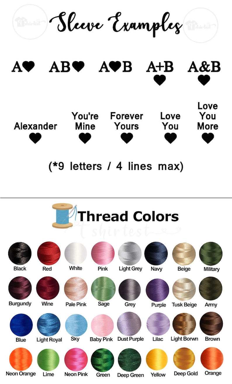 K&ouml;nnte beinhalten: Bild mit &Auml;rmelbeispielen mit Buchstaben und Herzen sowie S&auml;tzen wie "Alexander" und "You're Mine". Darunter zeigt eine Farbkarte Garnfarben wie Schwarz, Rot, Marineblau und Rosa. Der Text lautet "Garnfarben" und "&Auml;rmelbeispiele".