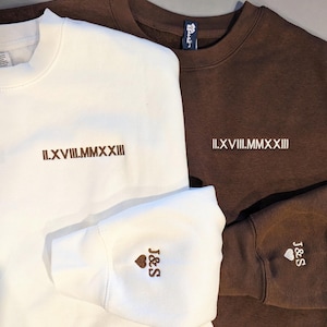 personalized Roman Numeral date sweatshirt with initials and a heart on sleeve, meaningful couples anniversary gift
