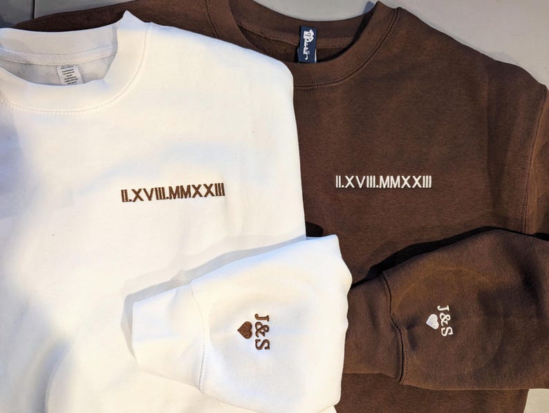 personalized Roman Numeral date sweatshirt with initials and a heart on sleeve, meaningful couples anniversary gift