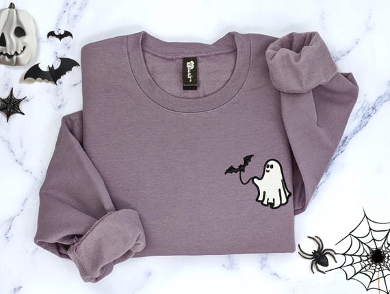 Embroidered Halloween Sweatshirt- Ghost Walking bat Sweatshirt: Crewneck or Hoodie